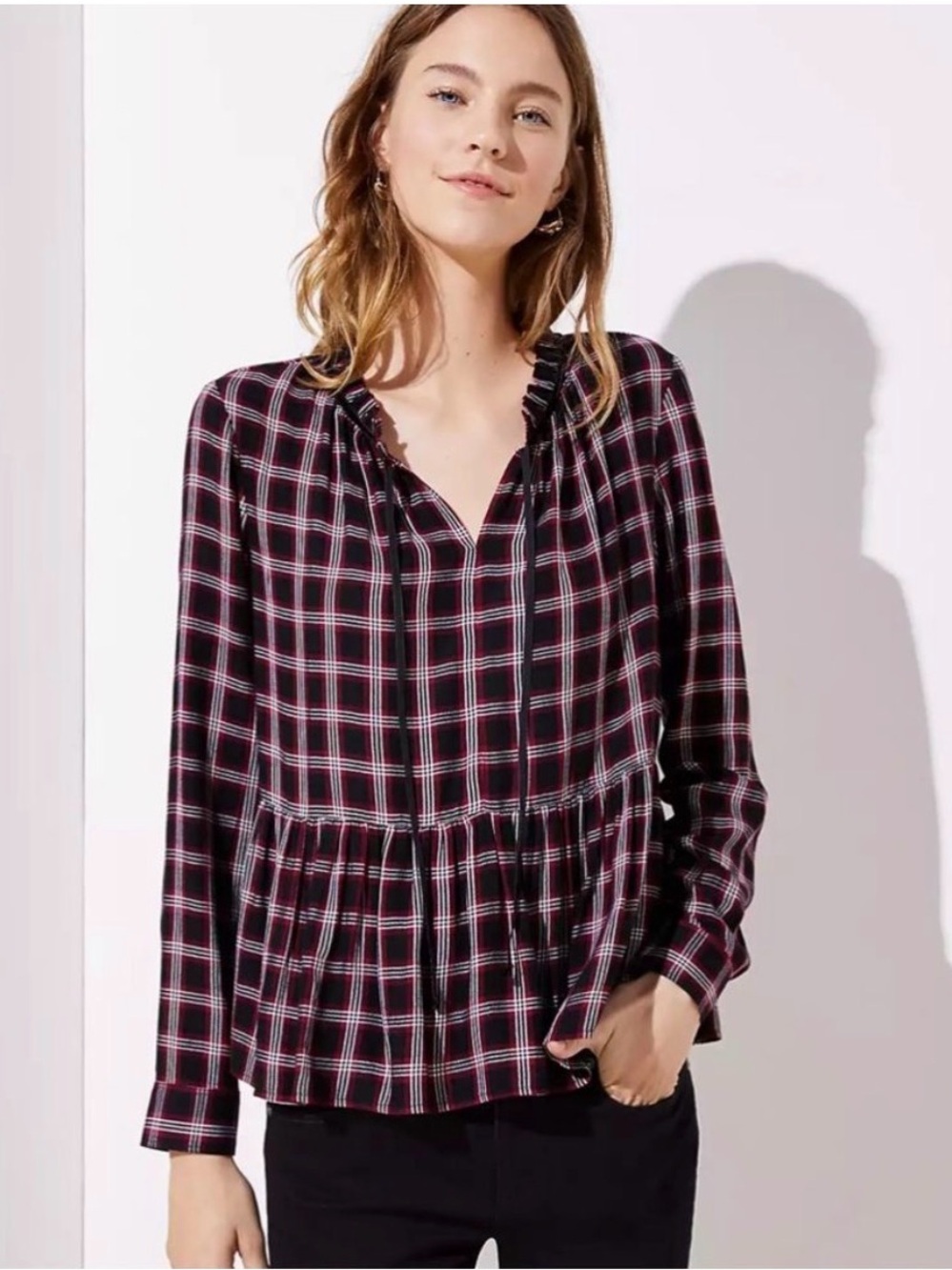 Plaid Tie-Neck Long-Sleeve Peplum Top - Black & Red